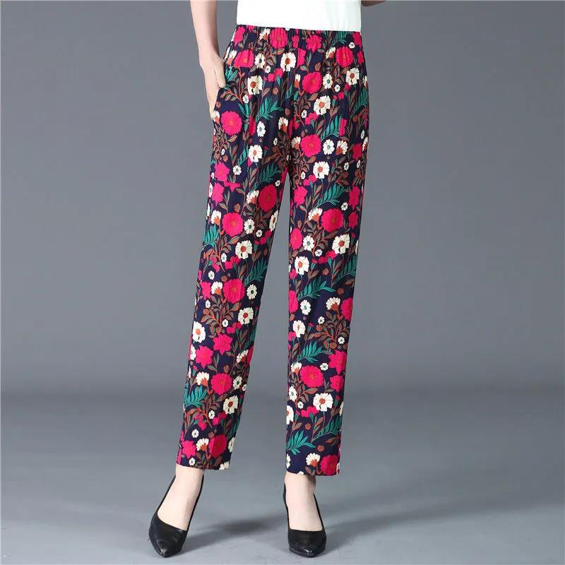 XL-5XL Women's Spring and Summer Elastic Waist Wide Leg Printed Casual Pants Female Plus Size Loose Simple Thin Cropped Pants