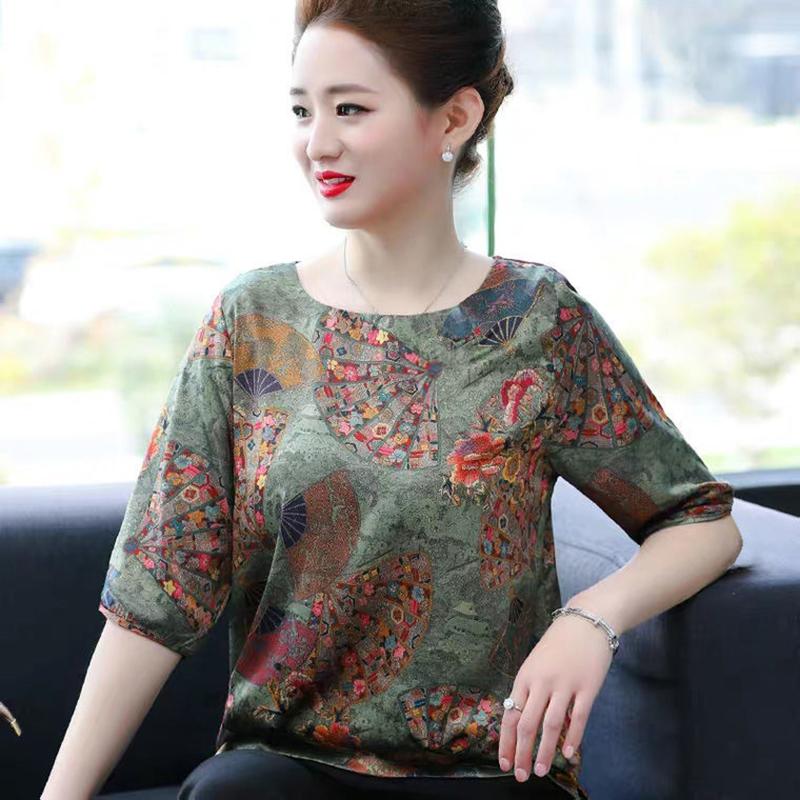 Summer Temperament Women's Ice Silk T-shirt Women Loose and Thin Ethnic Style Tops Women's Daily Casual Printing T-shirts