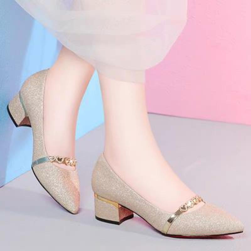 Spring and Autumn Korean Style All-match Single Shoes Pointed Toe Polished Yarn Fashion Ladies Rhinestone Mid-heel Thick Heel Casual Women's Shoes