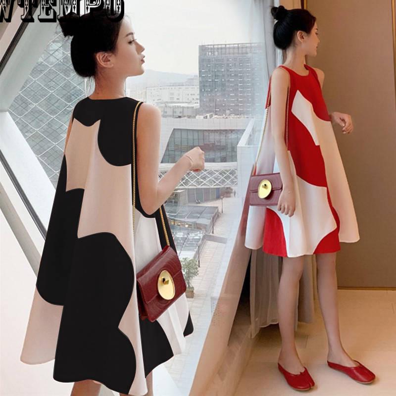 Patchwork Dresses For Women O Neck Half Sleeve Loose Oversize Midi Dress Sundress Short Sleeve Mini