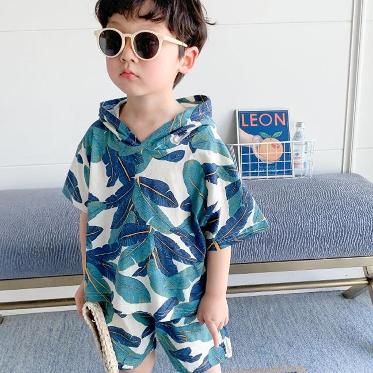 Children's Suit Summer Thin Korean Style Loose Print Leaf Girls and Boys Suspender Shorts Ventilation Two Piece Set