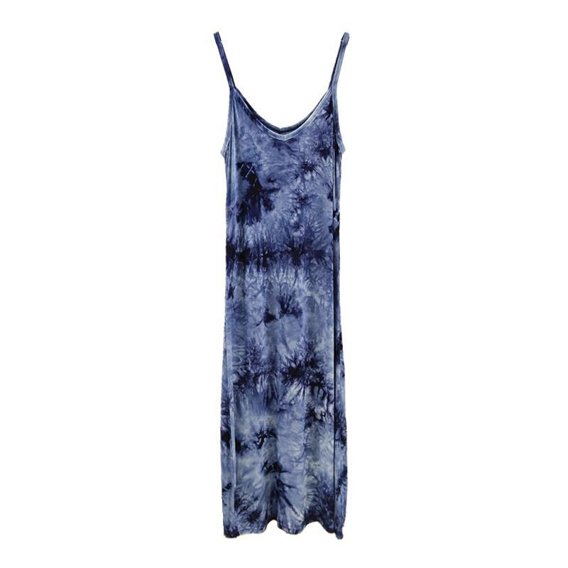 Female Thin Simple Suspender Modal Fiber Tie Dyed Sleeve Less A-line Waistcoat and Long Dress