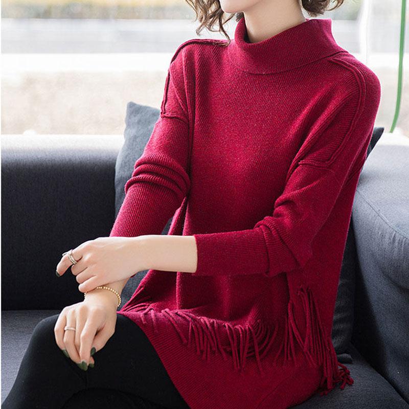 Autumn and Winter High Neck Loose Sweater Mid-length Tassel Plus Size Top Solid Color Knitted Women's Bottoming Shirt