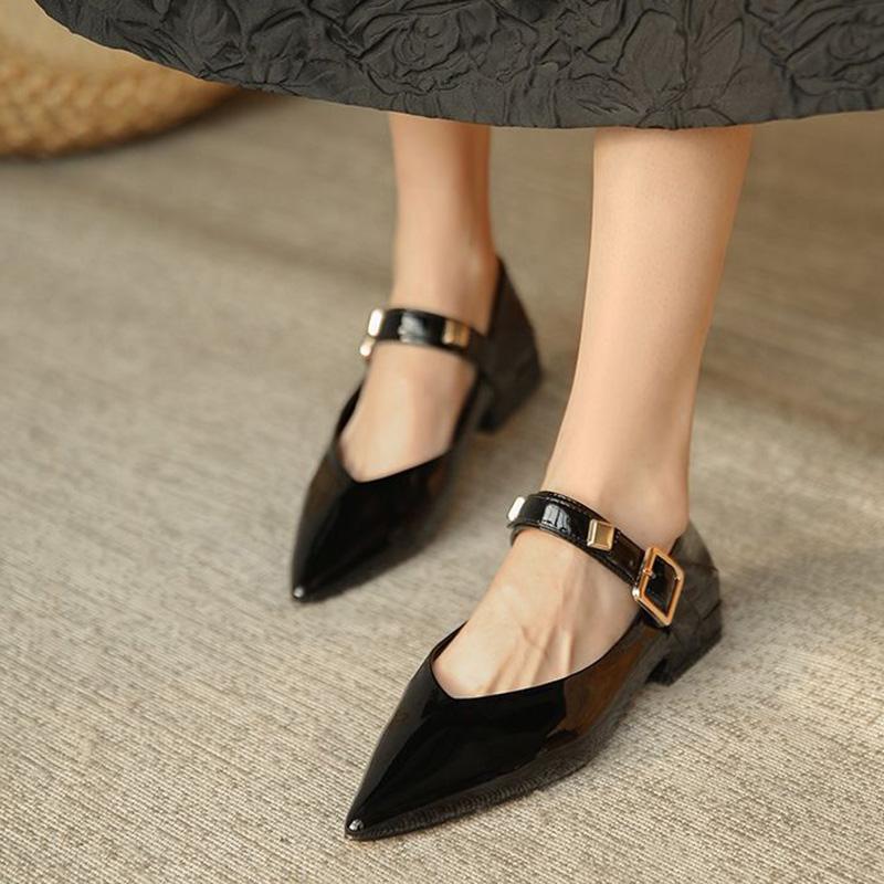 Single Shoe Pointed Toe Flat Word Retro Low Heel Gentle Mary Jane Women's Shoes