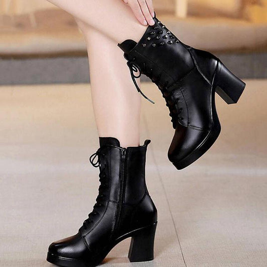 Boots Women Ankle Boots Genuine Leather Women Round Toe Chelsea Boots High Heel Boots Snow Boots