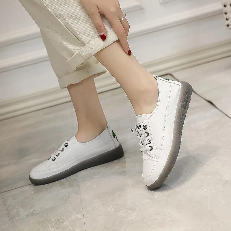 Daisy All-leather White Shoes Women's Spring All-match Beef Tendon Soft Bottom Slip-on Sneakers Student Single Shoes Ladies Casual Shoes