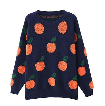 Orange Fruit Winter Knit Sweater, Female Crew Neck Pullover, Long Sleeve Jumper, Women Casual Sweatshirt