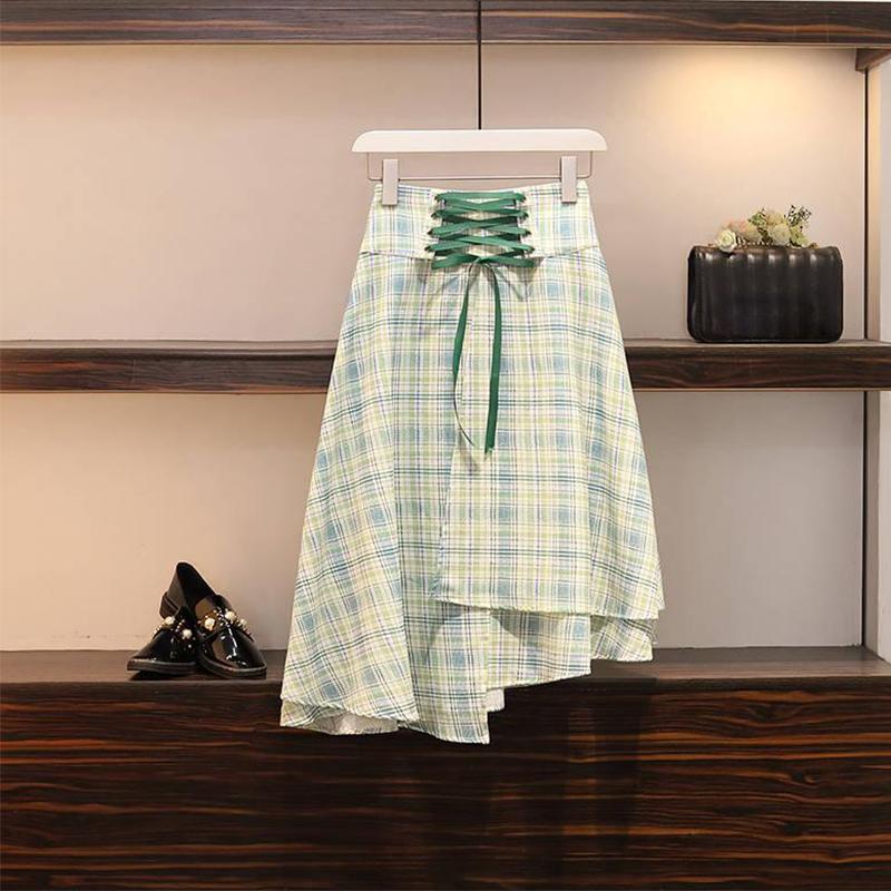 Fashion Women Plus Size Skirt Set Summer Halter T-shirt Irregular Plaid Skirt Two-piece Suit