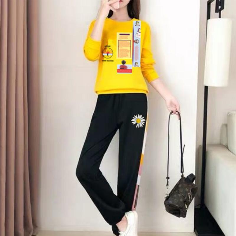 Suit Spring and Autumn Sweater Long-sleeved Casual Sports Suit Women's Fashion Stitching Large Size Sports Pants Two-piece Trendy