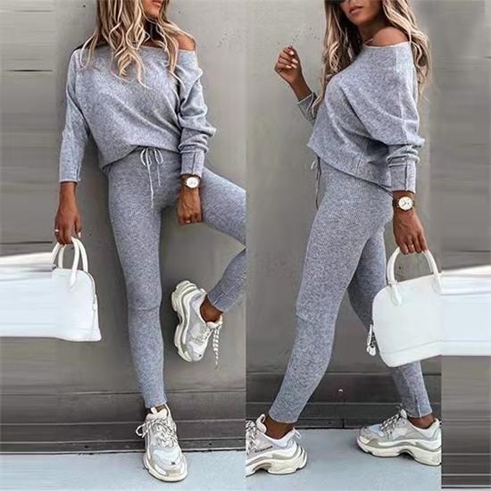 2PCS Women's Solid Color Casual Suit Slanted Shoulder Long Sleeve Loose Top Tie Sports Jogging Trousers Two-piece Suit Workout Clothes Set