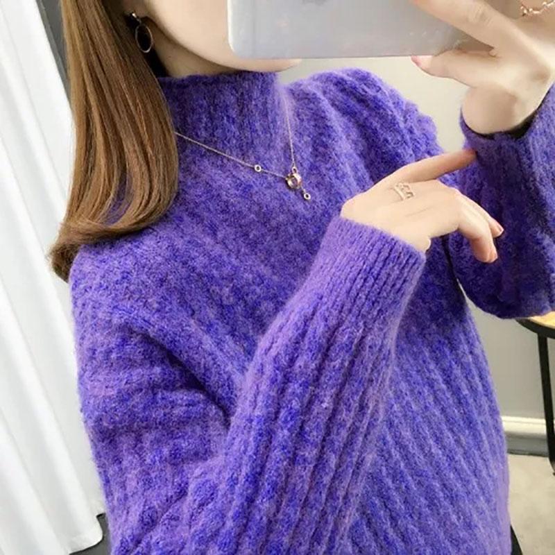 Sweater Women's Half Turtleneck Pullover Knitwear Korean Style Loose Fluffy Trending Sweater Autumn and Winter Purple Sweaters