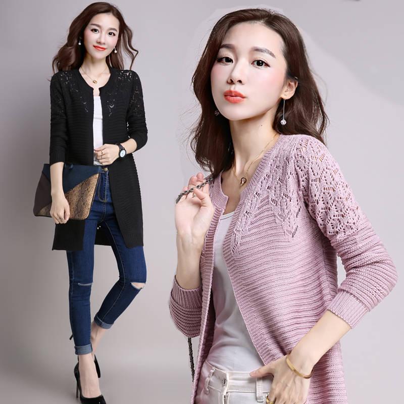 Long Sweater Women's Jacket Knit Cardigan New Hollow Solid Color Wild Knit Jacket Coat Female