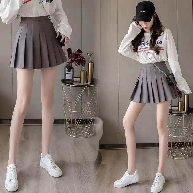 Spring and Summer Fresh Style High-waisted Ladies Anti-glare Pleated Skirt A-line Short Skirt Skirt All-match Solid Color Skirt