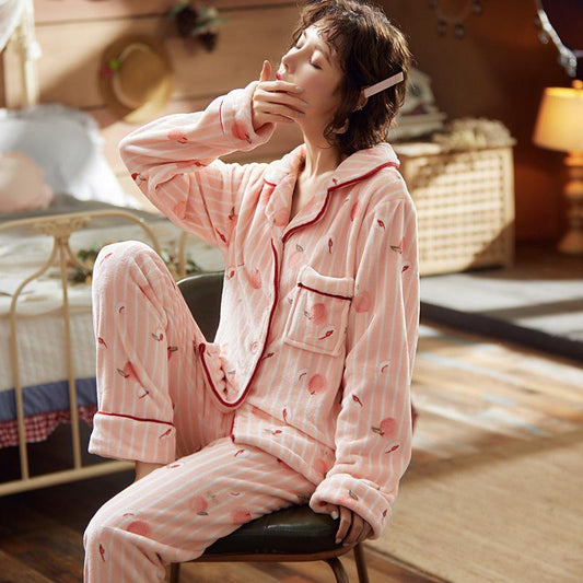 Coral Fleece Pajamas Women's Flannel Pyjamas Plus Size Velvet Thick Sleepwear Autumn Winter Warm Home Wear Suits Tops Pants Sets Long Sleeve Outwear