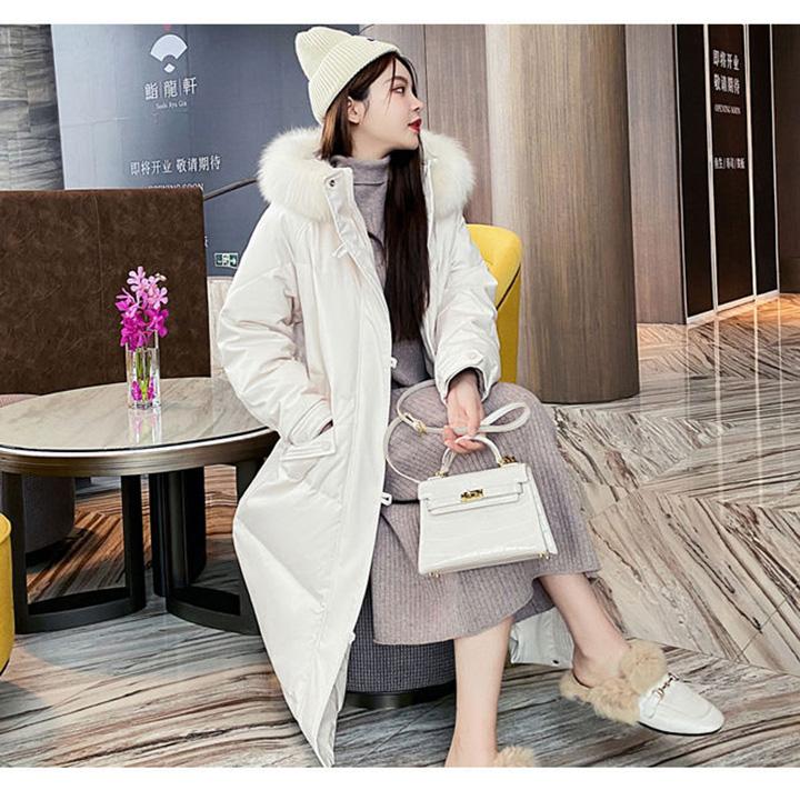 Fluffy Fur Collar Hooded Knee-length Down Padded Jacket Women's Winter Mid-length Loose and Thick Warm Solid Color Jacket Button Design