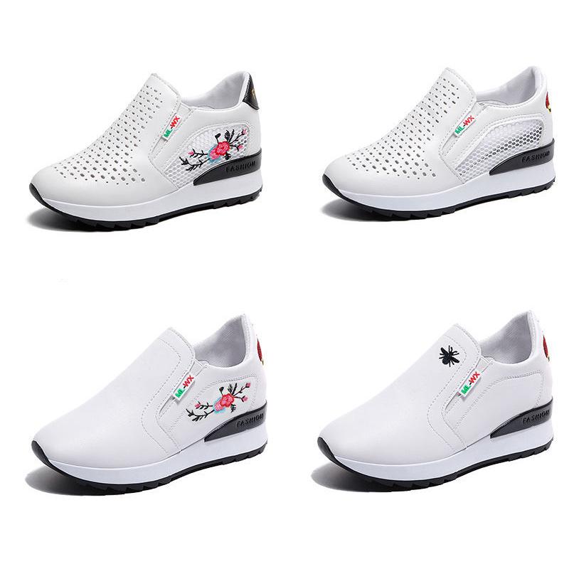 Casual High Heels Loafers Breathable Vulcanize Women Sneakers PU Round Toe Embroider Platform Wedge Tenis Feminino