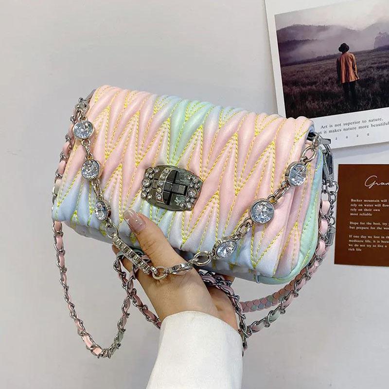 Fashion All-match Women's Bag Lingge Embroidery Rhinestone One-shoulder Diagonal Bag Color PU Handbag