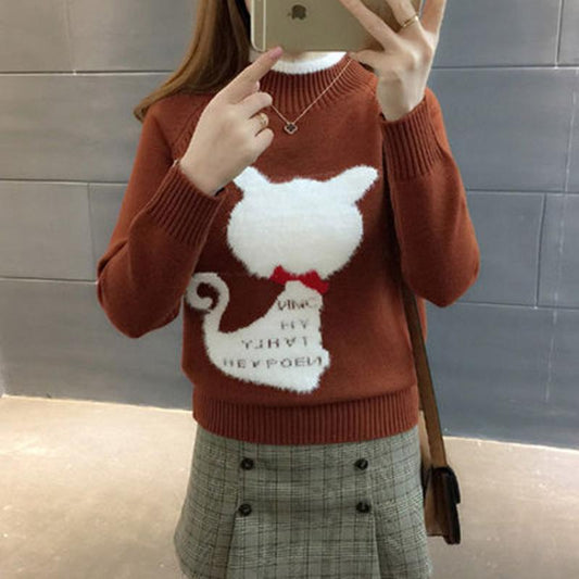 Long-sleeved warm thick sweater female autumn and winter high collar loose printed sweater