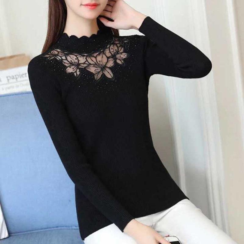 Pofulove Winter Turtleneck Sweater Women Lace Rhinestone Long Sleeve Bottoming Sweater Slim Knit Pullover