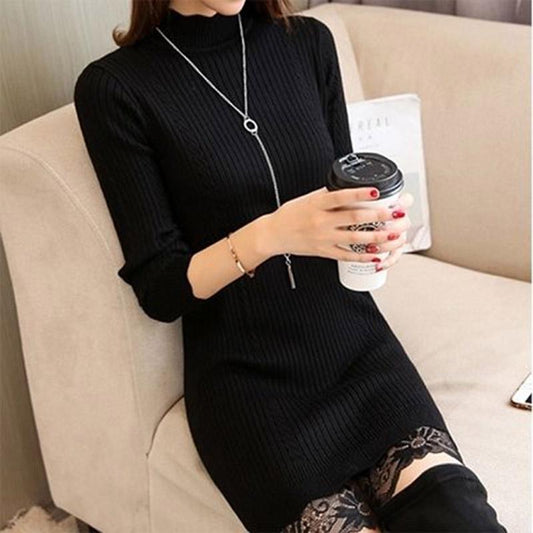 Inside Wearing A Sweater, Autumn and Winter, Long Sweater, Female Slim, Collar, Lace, Warm