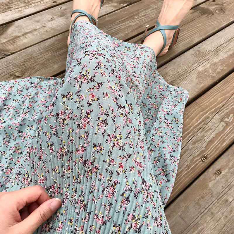 Floral Print Pleated Midi Skirt Women Elastic High Waist Skirts Spring Summer 2020 Elegant Female