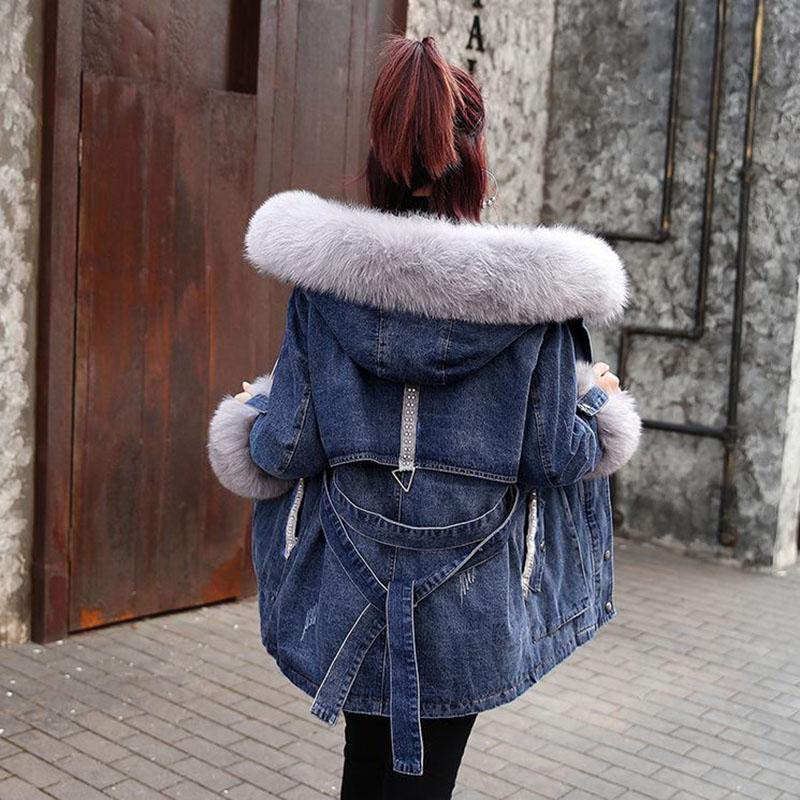 Ladies Winter Jacket Cashmere Thick Denim Hooded Coat with Big Fur Collar Parka