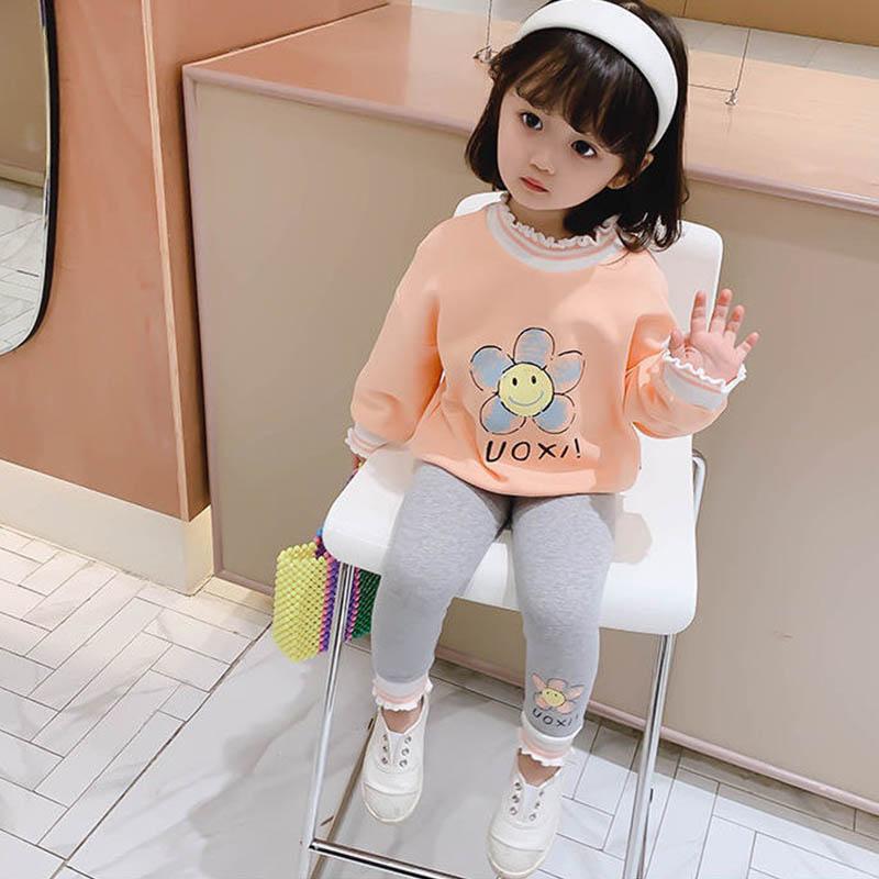 Baby Solid Color Printed Long Sleeve Pullover Sweater Gray Lace Pants Two Pieces Spring and Autumn Suit Casual Children's Cotton Comfortable Soft Suit