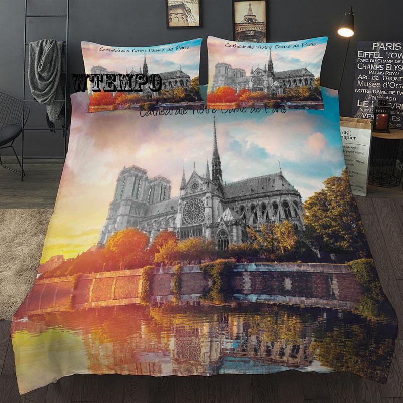 3pcs Duvet Cover Sets 3D Gold Silk Embroidery Notre Dame De Paris  Bedding Set Bedding Bedclothes