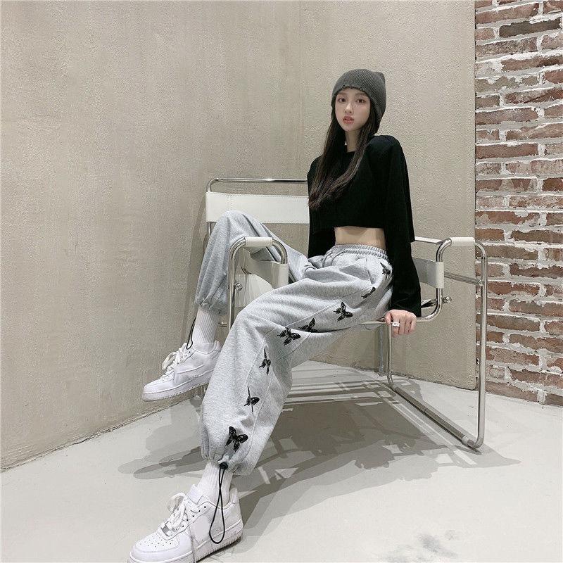 Gray Sweatpants Loose-fitting Pants fleece Autumn and Winter Korean Style High-waist Casual Pants Thin Trousers Women's Trend