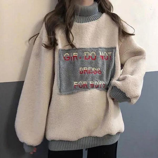 Women's Autumn and Winter Lamb Wool Sweater Large Size Loose Thickened High Neck Pullover Casual Long Sleeve Warm Jackets