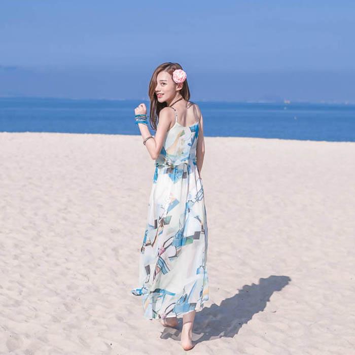 Pofulove Women Chiffon Sling Dress Elastic Waist Slim A-line Sun-dresses Long Bohemian Beach Dresses