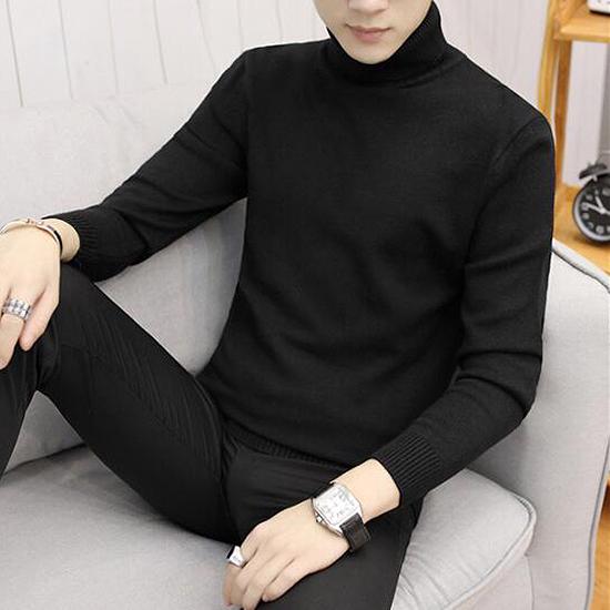 Men's Turtleneck Sweater Solid Knitted Mens Sweaters Casual Slim Pullover Male Double Collar Top