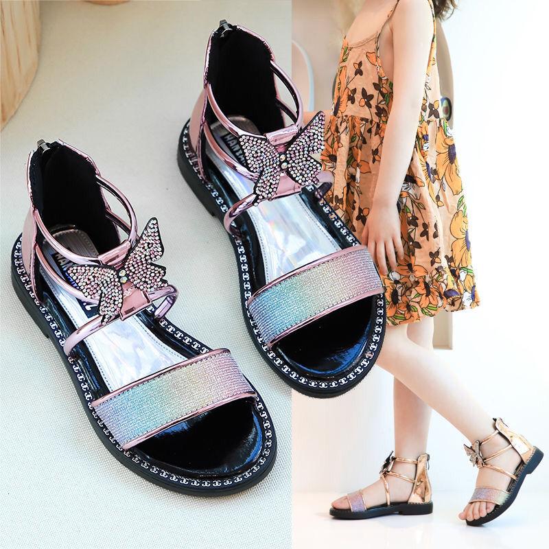 Girls Sandals Summer Korean Princess Sandals Rhinestone Roman Sandals Non-slip Soft Bottom Big Kids