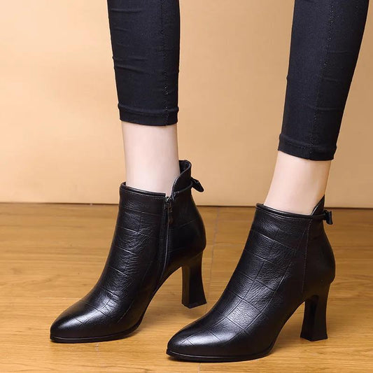 High Heel Boots Women 2021 Autumn and Winter New British Style Thick Heel Short Boots Soft Leather Ladies Shoes Plus Velvet Martin Boots