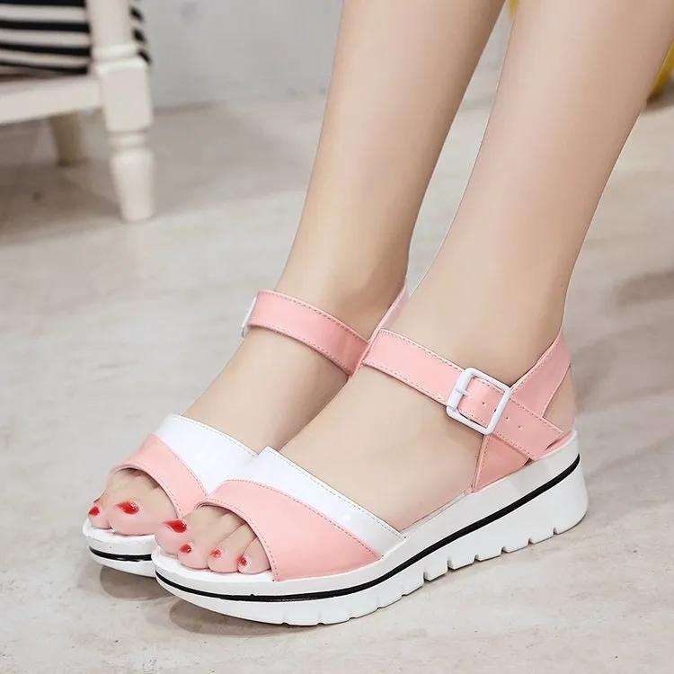 Summer Color-blocking Thick-soled Sandals Women's Mid-heel Wedge Sandals Casual All-match Student Platform Sandals Non-slip Waterproof