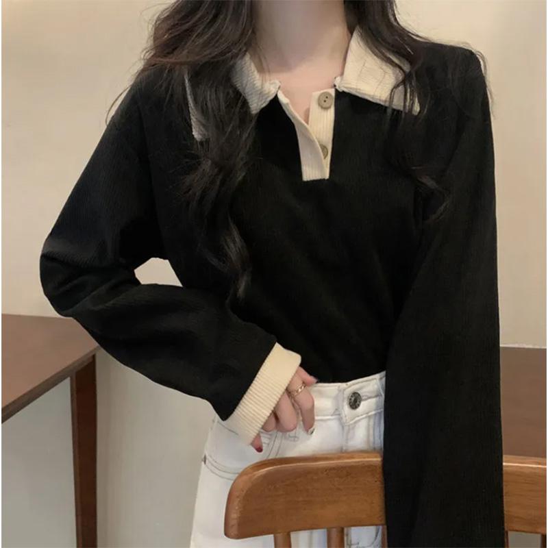 Retro Lapel Long-sleeved Knitted Sweater Women's Loose Striped Bottoming Shirt Inner Top Pullover T-shirt