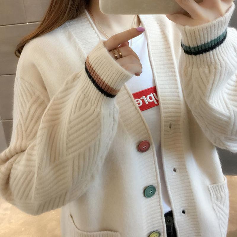 Women's Sweater Jacket Short Spring and Autumn Loose Outer Knit Cardigan Long-sleeved Stitching Color Warm Sweater Jacket