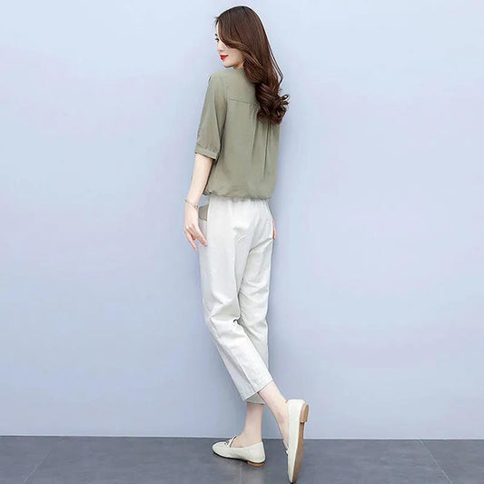 Cotton and Linen Suit Women's Casual Slimming Loose Short-sleeved Blouse Elastic Waist Pants Ladies Temperament Two-piece Suit Can Be Worn for Work