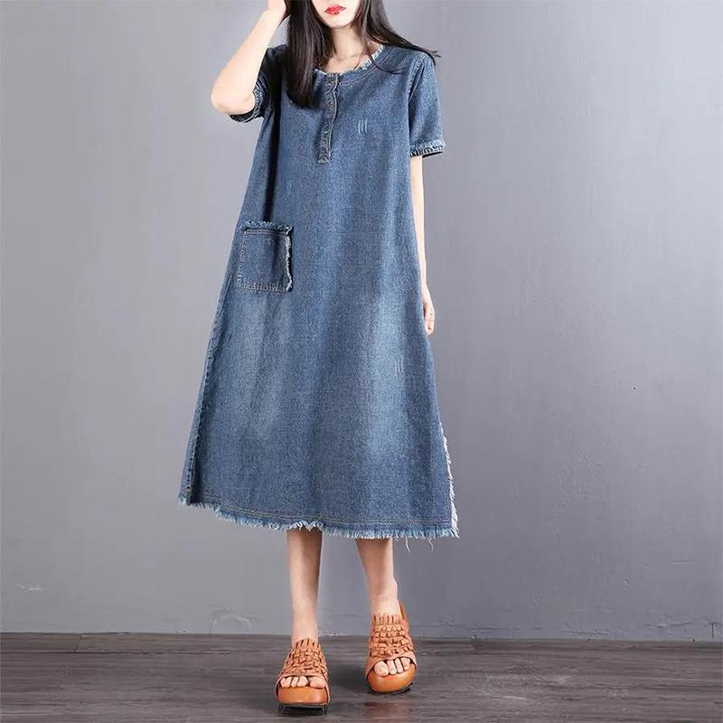 Denim Dress Short-sleeved Temperament Dress Summer Loose Mid-length Round Neck Plus Size Denim Skirt Women