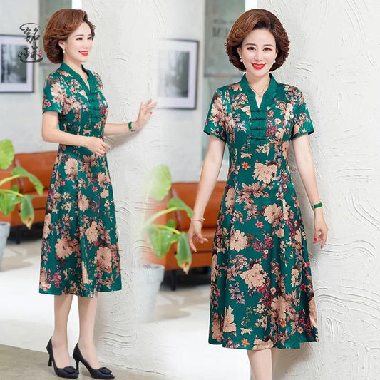 Mother Dress Floral Dress Summer Middle-aged and Elderly Women's Cheongsam Style Western Style Skirt Middle-aged Over-the-knee Long Skirt