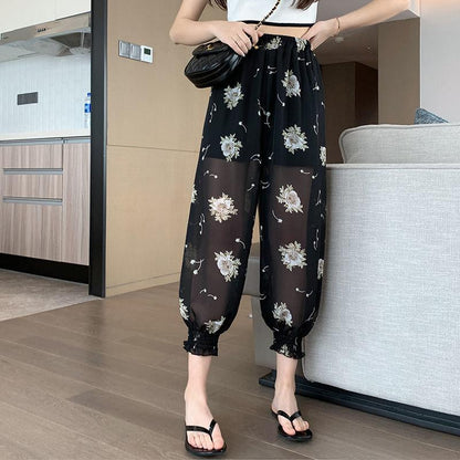 WTEMPO Chiffon Harem Trousers Cool Summer Thin Women Loose High Waist Wide Leg Straight Trousers Casual Comfortable Office Home Beach sunscreen