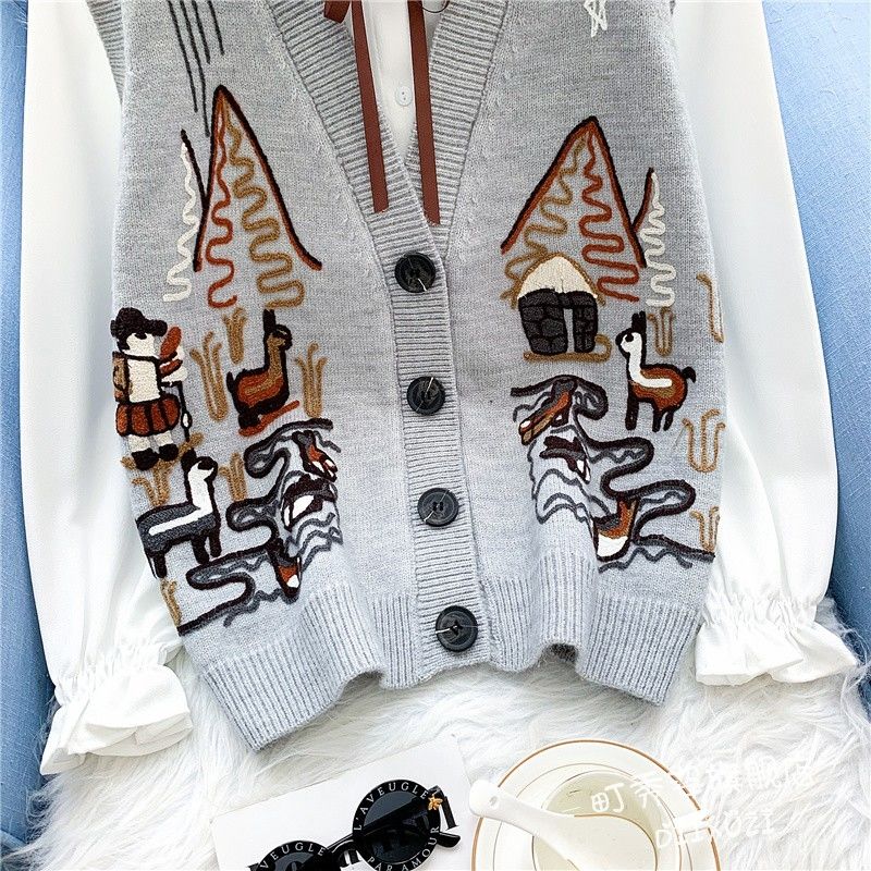 British Style Knitted Waistcoat Vest Women Loose Sleeveless Jacket Outer Sweater Vest Embroidery Waistcoat Women's Sleeveless Sweater Jacket