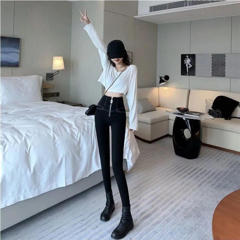 WTEMPO Zipper Closure Women's Super High Waist Leggings Can Be Worn Outside Cotton Black Pants Look Thin Tight Stretch Trousers