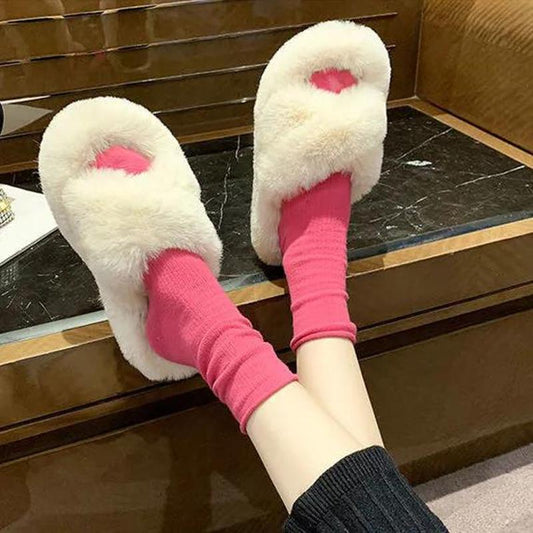 Hairy Slippers Women's Flat-bottom Non-slip Slip-on Slippers Outer Wear Thick-soled Cotton Slippers Home Warm Cotton Slippers