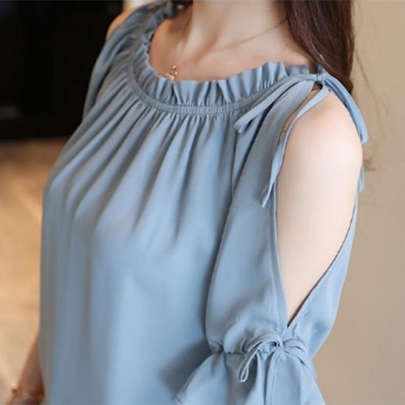 Summer Chiffon Shirt Female Fairy Air Age Reduction Solid Color T-shirt Fashion Loose Style Cool and Thin One-word Collar Strapless Top Women's