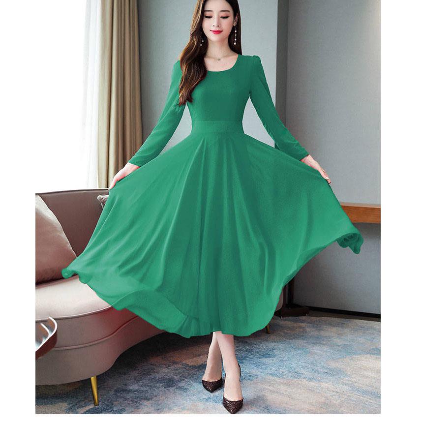 Chiffon large swing dress female long spring and autumn dress plus size long-sleeved slim skirt