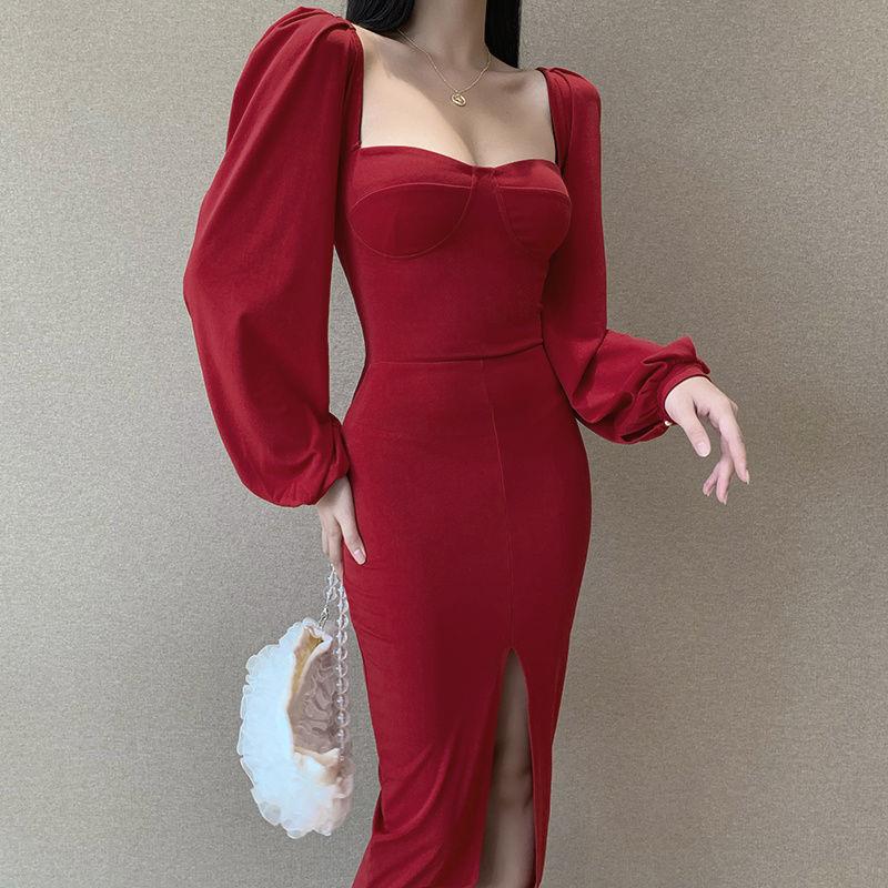 Female Retro Elegant Long Sleeve Court Style Bubble Sleeve Slim and Long Split Graceful Dress