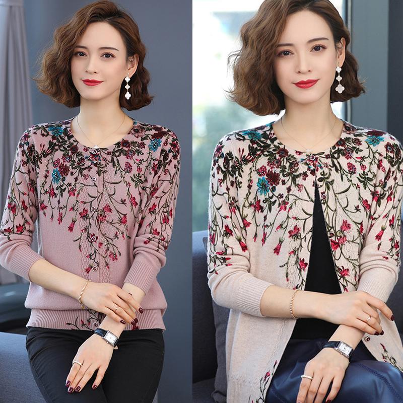 Autumn and Winter Printed Cardigan Women's Plus Size Casual Sweater Coat High-end Wool Sweater