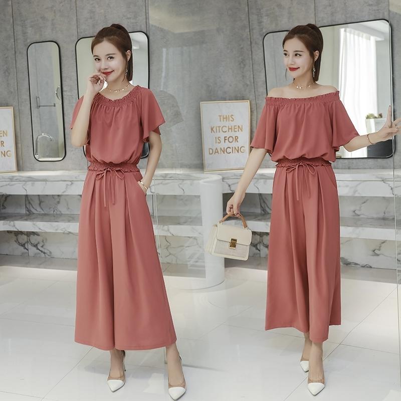 One-shoulder Women's High-waist Wide-leg Pants One-shoulder Short-sleeved Top Suit Two-piece Large Size Wide-leg Pants Two-piece