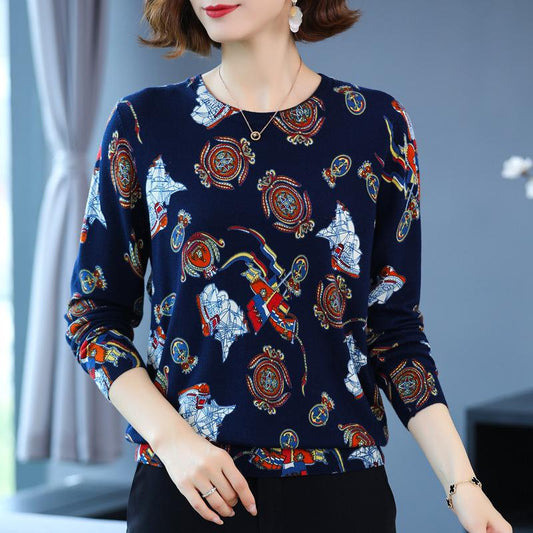 Autumn and Winter Printing Bottoming Shirt Women's Plus Size Casual Sweater Fashion Round Neck Printed Sweater